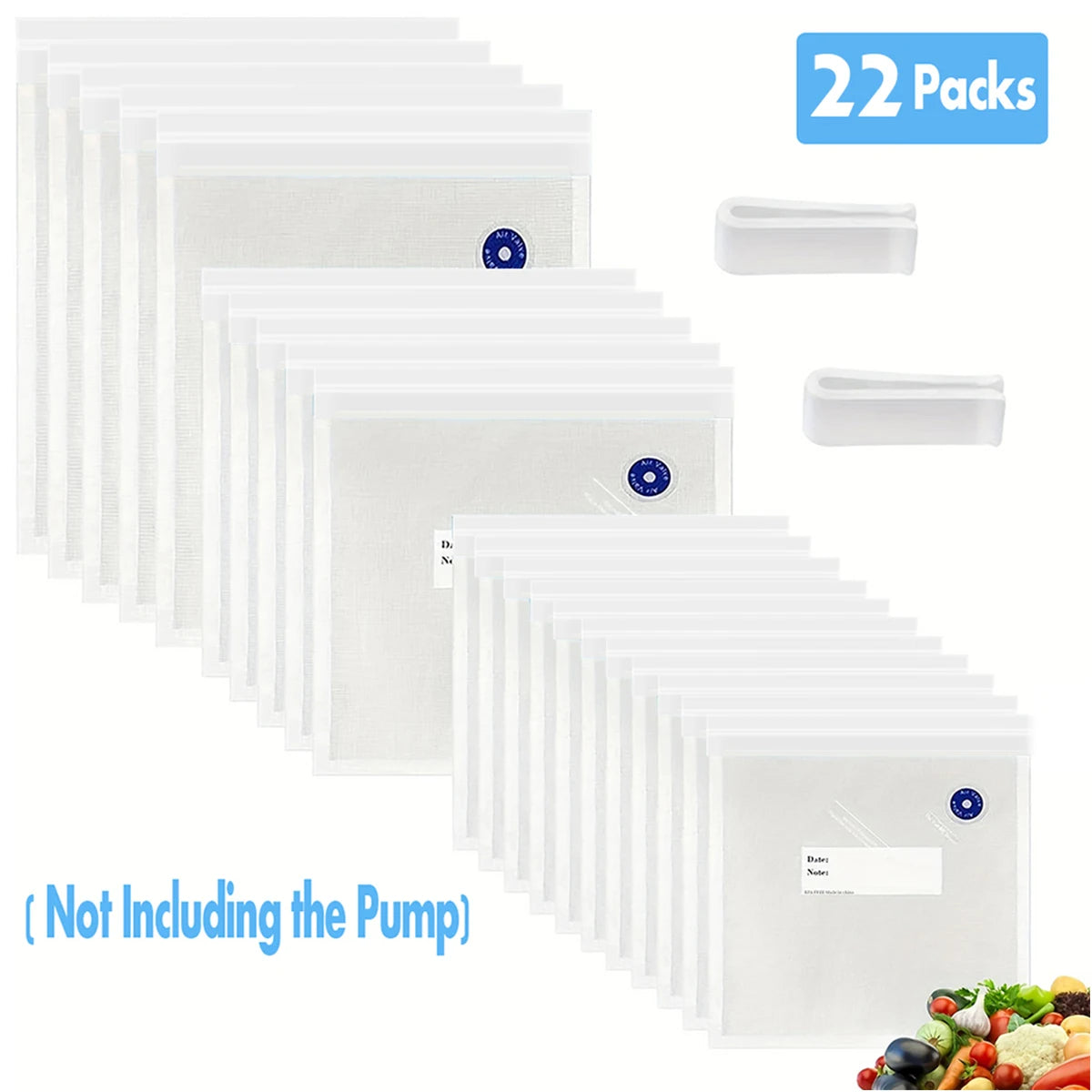 22packs ( 20pcs Vaccum Food Storage Bag and 2pcs Sealing Clips) Packaging Bags, Reusable Clear Vacuum Food Storage Bag